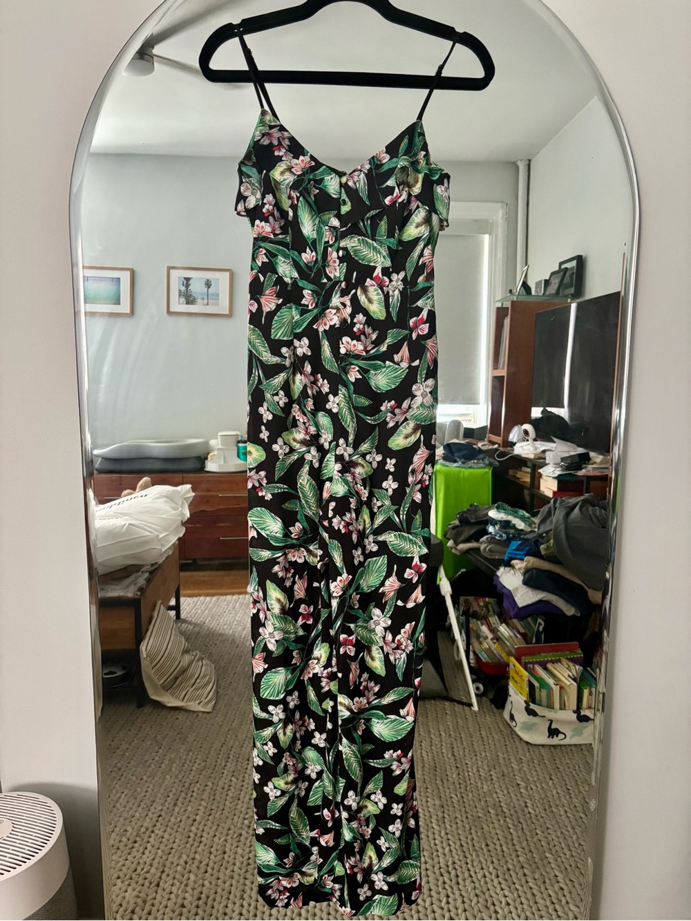 Adelyn Rae Black Floral V-Neck Jumpsuit with Green Leaves and Pink Blooms